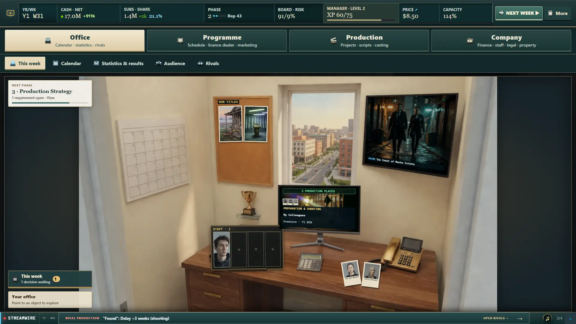 Office with desk, telephone, trophies and a production planning board