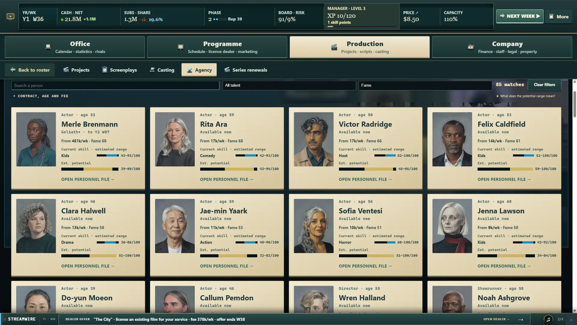 Talent agency with cards of available actors showing age, fee and skills